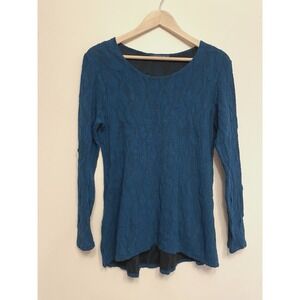 Vintage Cut Loose Long Sleeve Top Women Medium Blue Textured Stretch Boho Retro